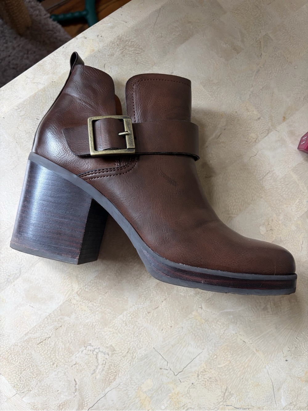Brown Leather Heeled Ankle Boot with Buckle